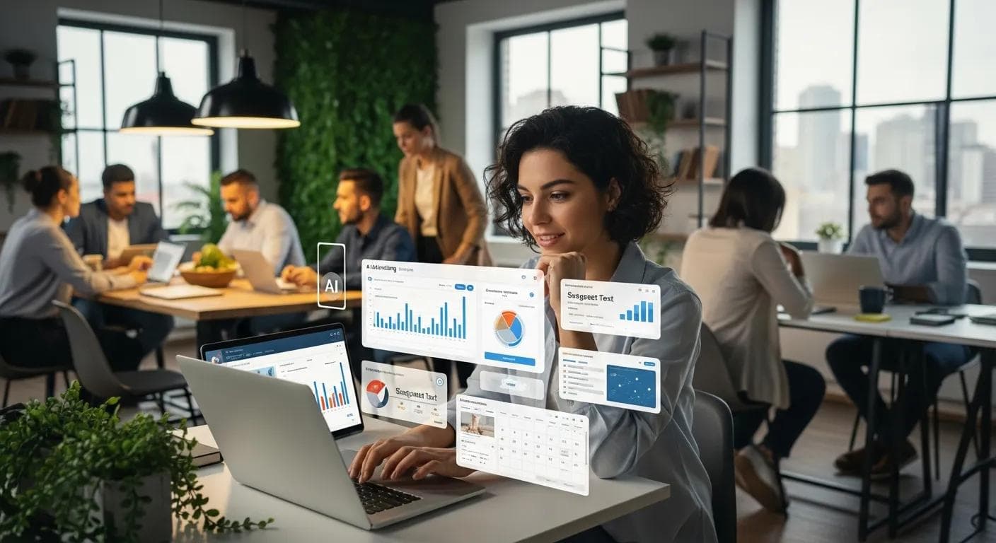 Small business owner utilizing AI marketing tools in a collaborative office environment