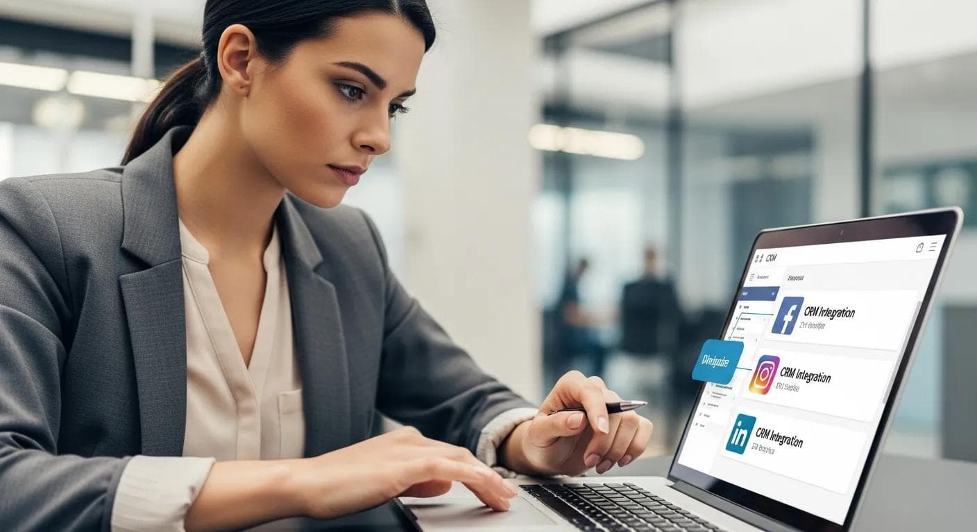 Professional using a laptop to connect CRM with Facebook, Instagram, and LinkedIn
