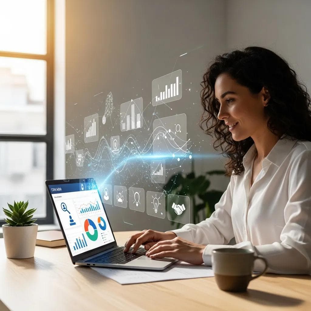 Small business owner using a CRM system with AI marketing automation elements